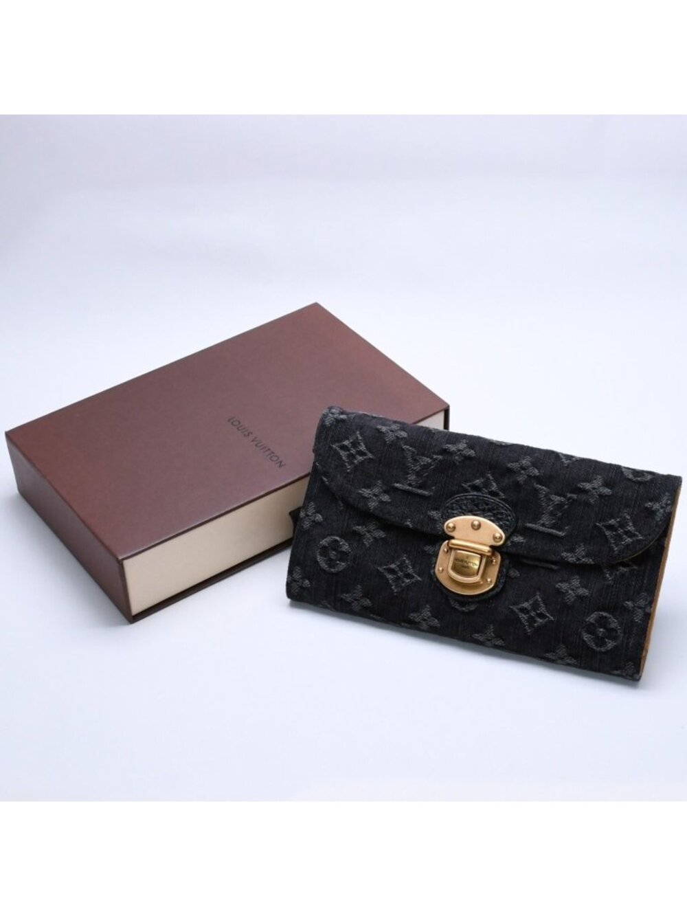 Louis Vuitton Monogram Denim Portefeuille Amelia Trifold Wallet Black Yellow